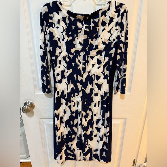 Lauren Ralph Lauren Blue and Cream Dress Crew Neck Gathered on One Side - Picture 4 of 4